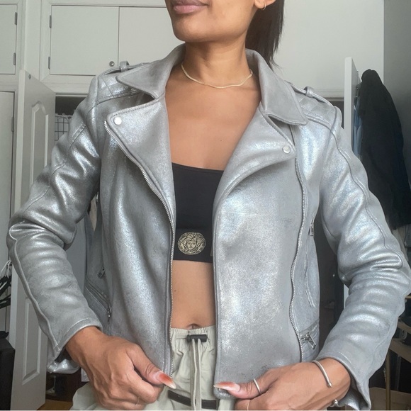 Zara Silver Women's Faux Suede Moto Jacket Sz Large - Picture 3 of 9